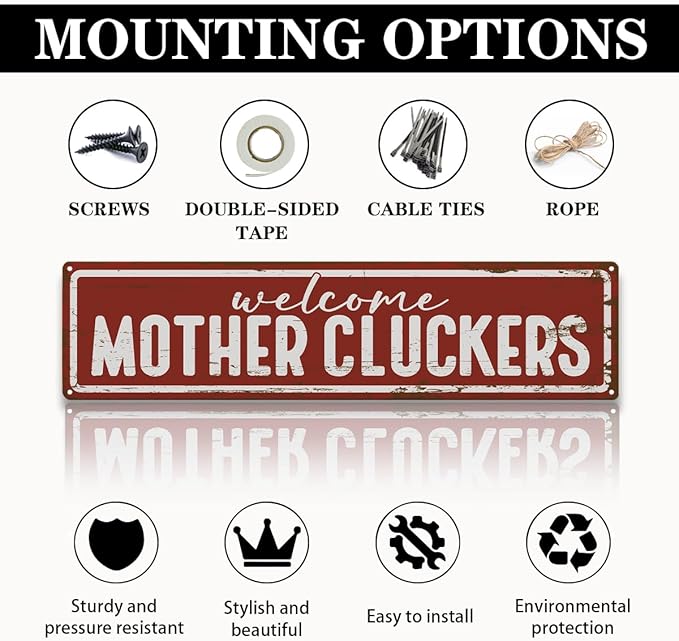 Rustic Farmhouse Style Chicken Coop Sign, Metal Outdoor Chicken House Signs, Welcome Mother Cluckers, Retro Metal Tin Sign, Farmhouse Decor, Backyard Hen House Gift 15.8x4 Inch