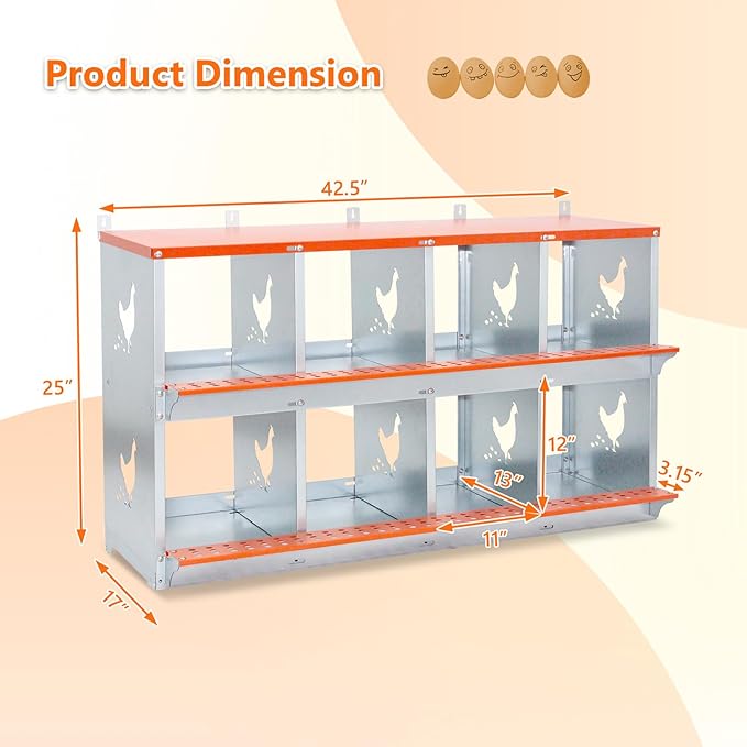 Chicken Nesting Box for Laying Eggs - 8 Room Chicken Laying Boxes, Nesting Boxes for Chickens, Heavy Duty Metal Chicken Coop (42.5" L x 17" W x 25" H)