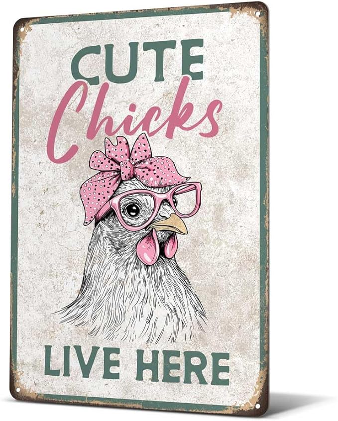 Heuhuww Vintage Chicken Coop Signs Cute Chick Live Here Metal Sign for Outdoor Farm Fence Home Rooster Decor 12" x 8"(H2)
