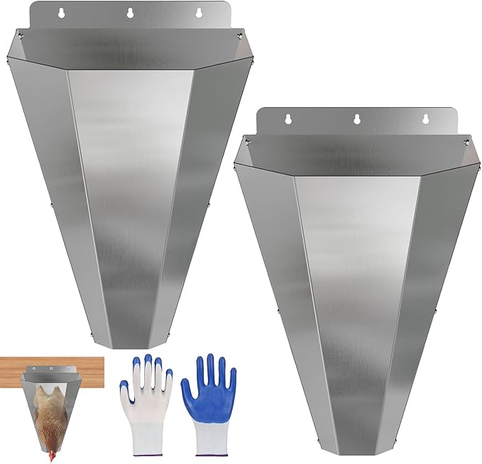 Medium Chicken Kill Cone for Butchering 2 Pack, Stainless Steel Killing Cones with 2 Pairs of Safety Gloves, Flat-Back Design, for Chickens, Ducks, Turkeys & Poultry up to 8 lbs (Silver)