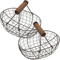 2pcs Small Iron Storage Basket with Wooden Handle, Farmhouse Style Metal Fruit and Egg Holder for Kitchen Countertop Organization, Vintage Rustic Wire Basket for Bread and Pantry