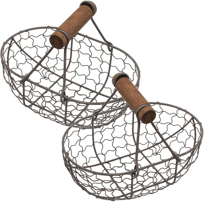 2pcs Small Iron Storage Basket with Wooden Handle, Farmhouse Style Metal Fruit and Egg Holder for Kitchen Countertop Organization, Vintage Rustic Wire Basket for Bread and Pantry