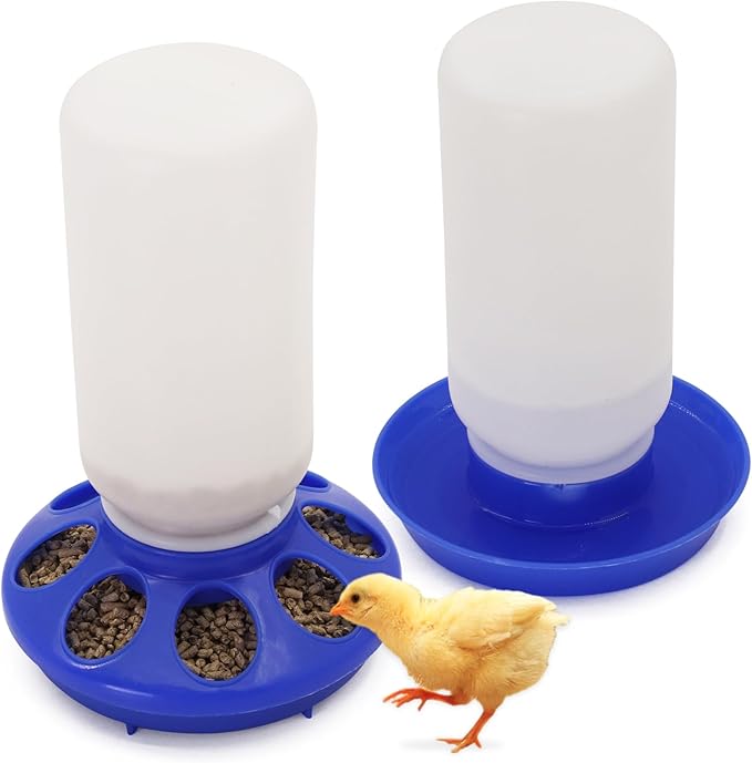 Chick Feeder and Waterer Set Kit-No Waste Baby Chick Starter Kit with 1L Chicken Water Dispenser and 1kg Feeder for Poultry and Baby Chicks,Plastic Chicken Coop Accessories (Blue, M)