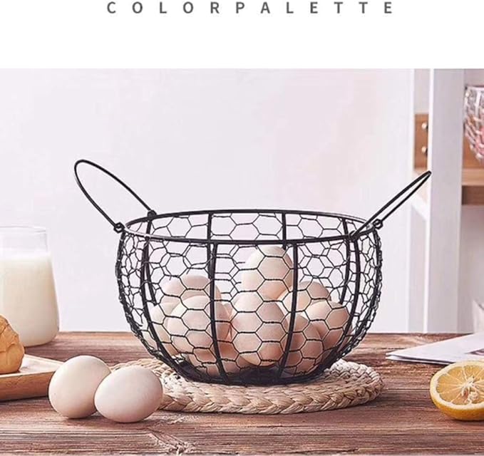 Wire Egg Basket with Handle, Farmhouse Metal Egg Holder Vintage Chicken Egg Collecting Basket Container Countertop Round Rustic Fruit Baskets