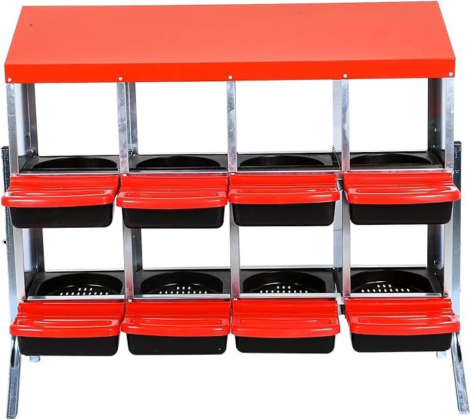 8 Compartment Metal Chicken Nesting Box, Automatic Roll-Out Egg Collection, Waterproof Galvanized Steel Laying Box with Perch & Wall Mount, for Hens Ducks Rabbits, Red