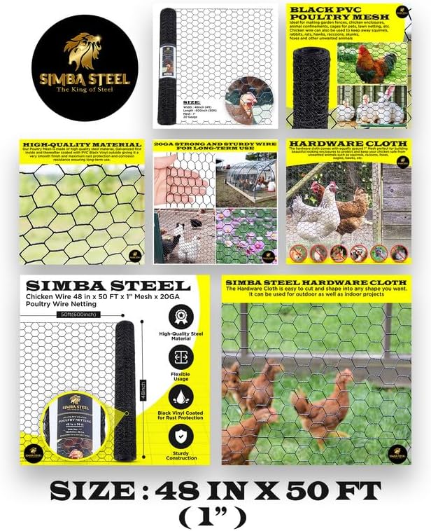 48” x 50 FT PVC Hexagonal Poultry Netting Chicken Wire | 1" Mesh | 20 Gauge | Black PVC Vinyl Coated | Rust Proof | for Garden, Fence, Chicken, Rabbit, Pet Enclosures