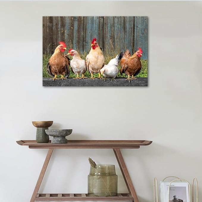 Woxfcart Kitchen Chicken Decor Wall Art, Farmhouse Rustic Barn Animal Canvas Pictures with Wood Background for Bathroom Bedroom, 36 x 24 Inch