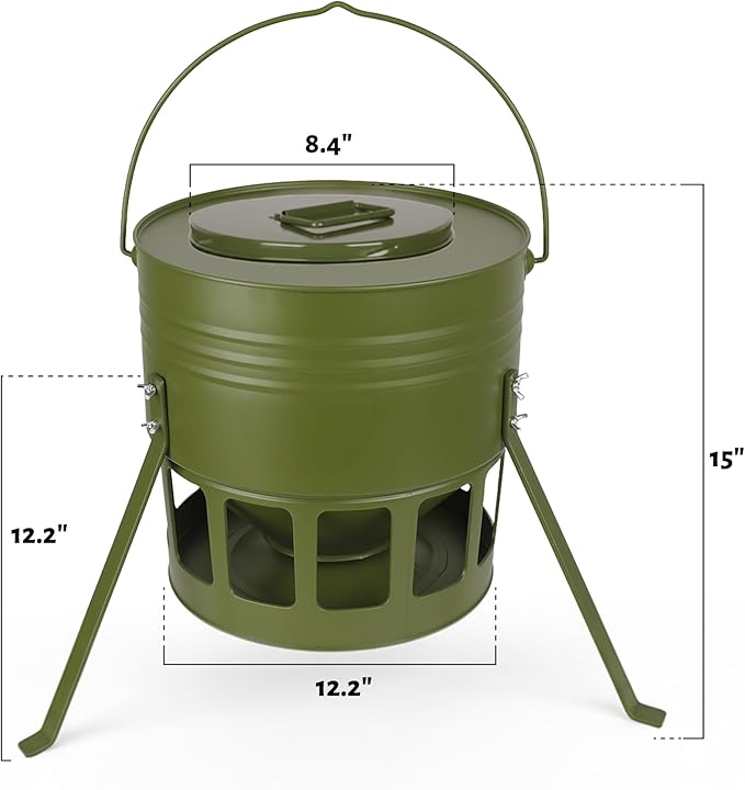 KOL Metal Chicken Feeder - 20lbs No Waste Chicken Feeder with 12 Ports, Powder Coated Rust-Proof Design & Smooth Edges for Safe Feeding (Avocado Green)
