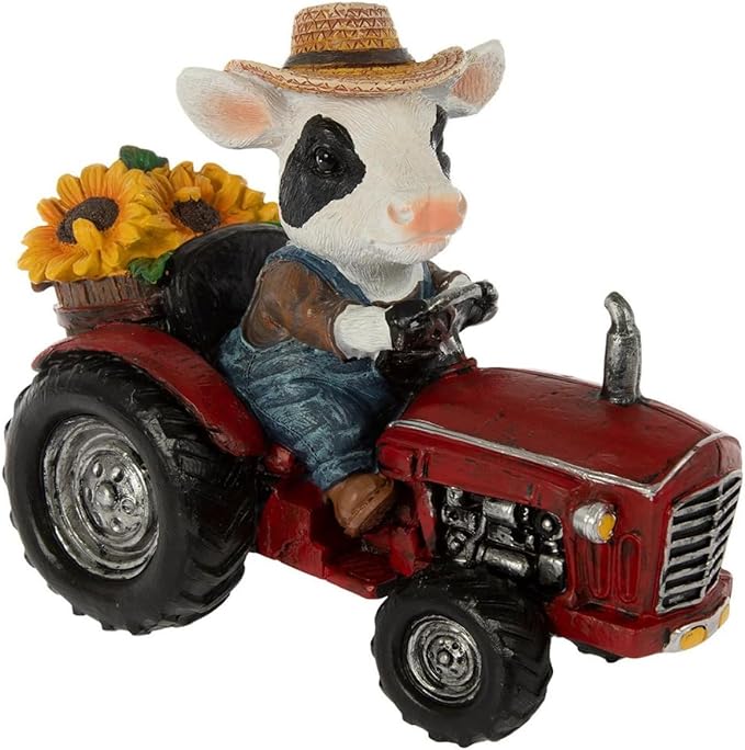 Hobby Lobby Farm Animal Kitchen Figurines, Farmyard Friends, Home Kitchen Coffee Bar Office Decor (Cow Driving Red Tractor)
