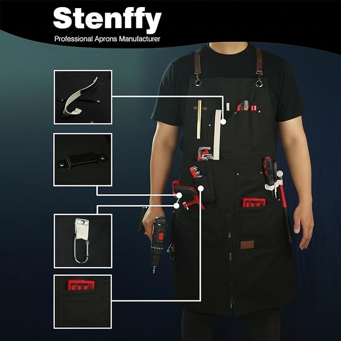 Woodworking Apron, Tool Apron, Canvas, Multiple Pockets, Adjustable Zipper, Metal Ring, Tape Measure Clip, Plus Size, Black.
