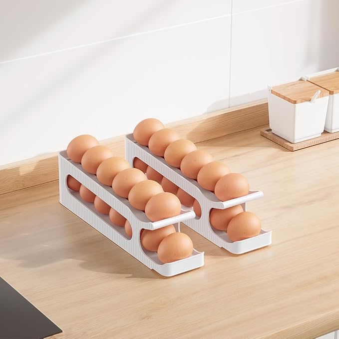 Sotfamily Egg Holder for Fridge, 2 Tiers Auto Rolling Egg Storage Organizer for Refrigerator, Slim Space Saving Container, Dispenser - Egg Roller for Eggs 12 Count