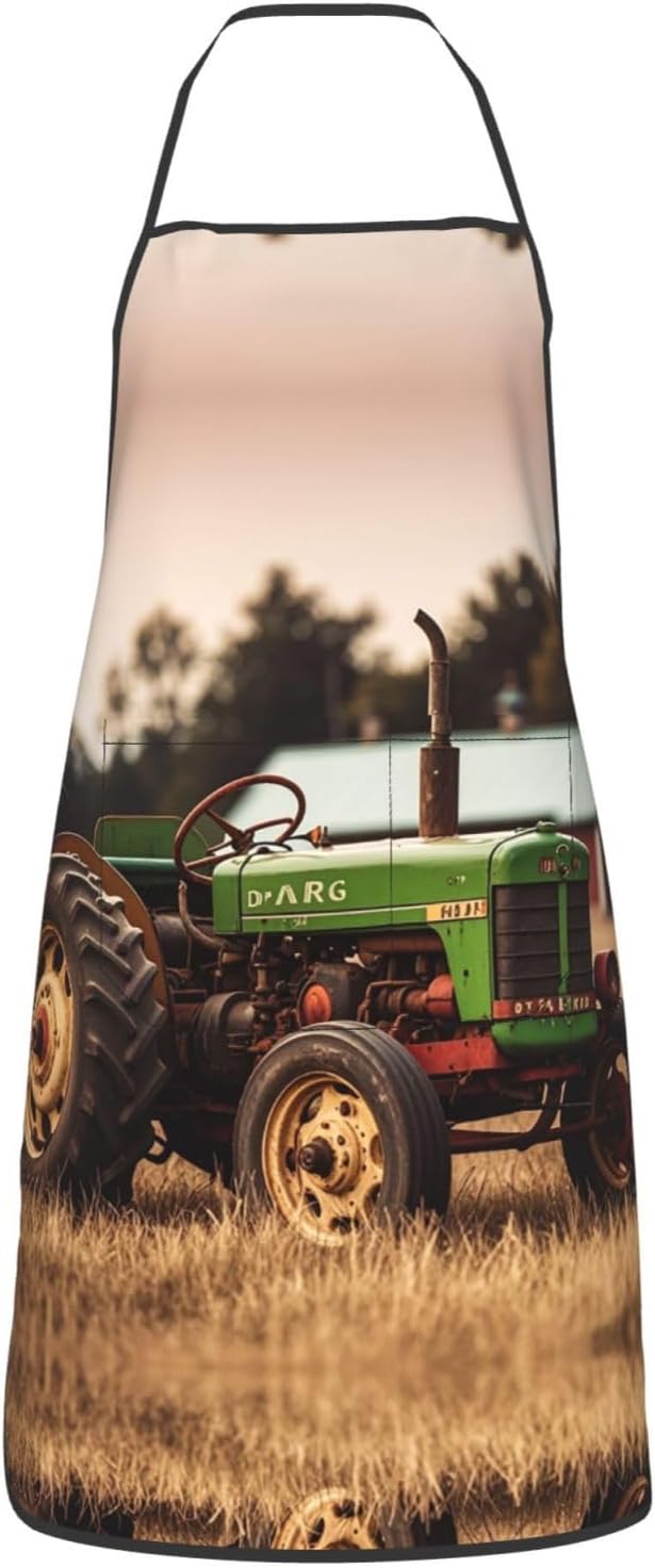 Kitchen Apron For Women Men Waterproof Heat Insulation Cooking Aprons Old Tractor Photo Farm Bib Apron With Large Pockets For Chefs, Bbq, Baking, Gardening, Salon