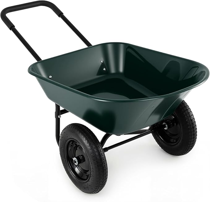 IRONMAX Dual-Wheel Wheelbarrow, Heavy Duty Wheel Barrel with All-Terrain Wheels, 330 LBS Utility Yard Cart with Built-in Stand, Outdoor Gardening Carts for Lawn, Farm, Planting (Dark Green)