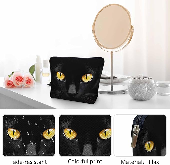 Women Makeup Organizer Bag Cat Animal Kitten Black Cat Flax Cosmetic Bag Makeup Bags Toiletry Bag Accessories Organizer Travel Bags For Home Bathroom Office Hotel Gym