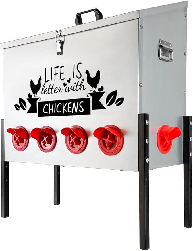 95LB Automatic Chicken Feeder with 10 Ports No Waste Galvanized Metal Poultry Feeder Outdoor Chicken Feeder Box with Adjustable Height Legs and Locking Lid for Chickens Ducks Geese Silver
