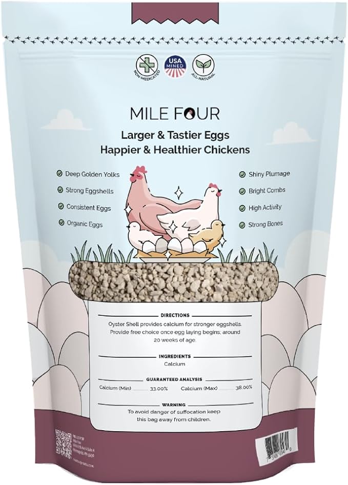 Mile Four Oyster Shell for Chickens - Calcium Supplement for Chickens, 100% Natural Limestone Calcium Carbonate, Strong Eggshell & Bone Booster, 4 lbs