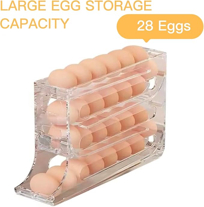 Automatic Rolling Egg Storage For Refrigerator, Fridge Organizer, Space Saving Refrigerator Egg Holder For Fridge ,Holds 28 Egg Storage，for Refrigerator,Kitchen,Cabinets,Tabl(transparent)