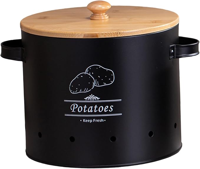 Potato Storage Tin Vegetables Storage Bin, Kitchen Organizer Kitchen Canister, Food Storage Container for Countertop Pantry, Black Large