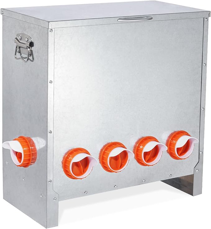 Automatic Chicken Feeder No Waste Large Capacity 85lbs 6-Ports Metal Poultry Feeder with Pull Handle for Chickens Geese Ducks Poultry Coop Weatherproof Design
