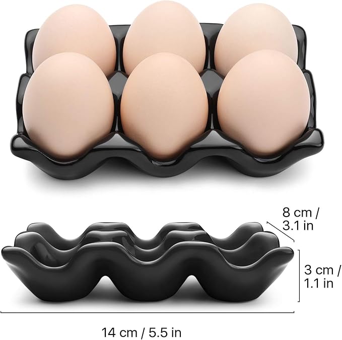 Flexzion Porcelain Egg Crate - 6-Egg Capacity Ceramic Egg Tray, Half Dozen Egg Holder for Fridge, Countertop Display - Black Decorative Serving Dish and Storage Organizer, 2 Pack