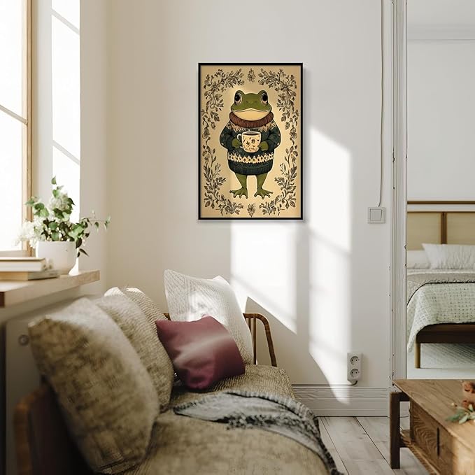 Frog Canvas Wall Art, Green Frog Sweater Dressed Enjoying Tea Poster, Rustic Nursery Animal Painting, Cozy Folk Art Print, Farmhouse Botanical Floral Painting for Kids Room 8x12in Unframed