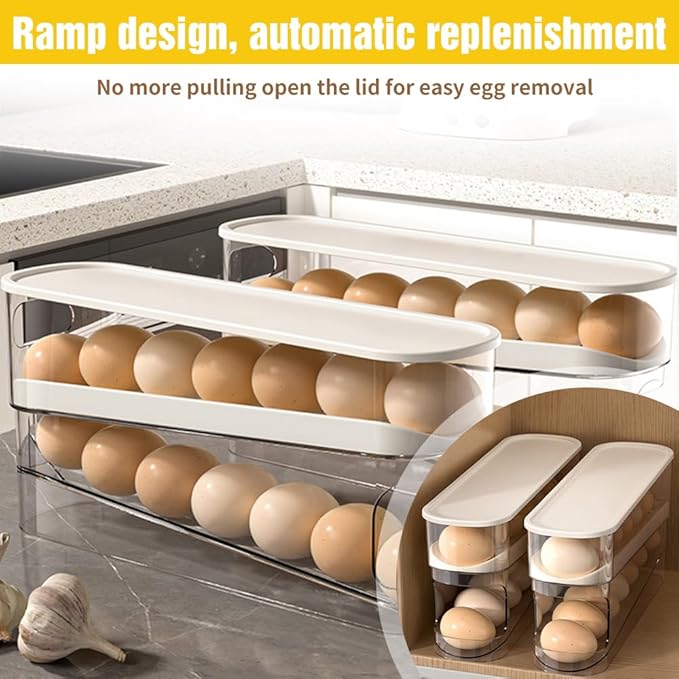 2026 New Egg Holder for Fridge, Egg Organizer for Refrigerator Automatic Scrolling Eggs Rack Holder Rolling Dispenser Stackable Container and Storage for Refrigerator with Lid