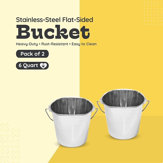 Flat Side Stainless Steel Bucket 6 Quart Hanging Feeding Utility Pail for XL Dog Goat Sheep Livestock, Fits Kennel Cage Crate Farm, Heavy Duty Food & Water Feeder, 1.5 Gallon Silver 2Pack