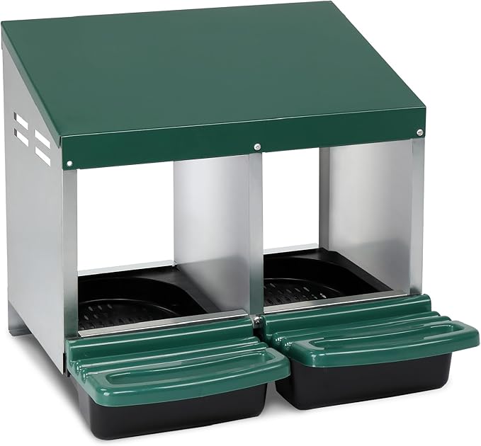 Chicken Nesting Boxes Plastic with Roll Away Egg,2 Compartment Roll Out Chicken Nest Box Egg Laying Box with Lid Cover,Rolling Egg Collection & Protection Chicken Coop for Up to 2 Hens,Green