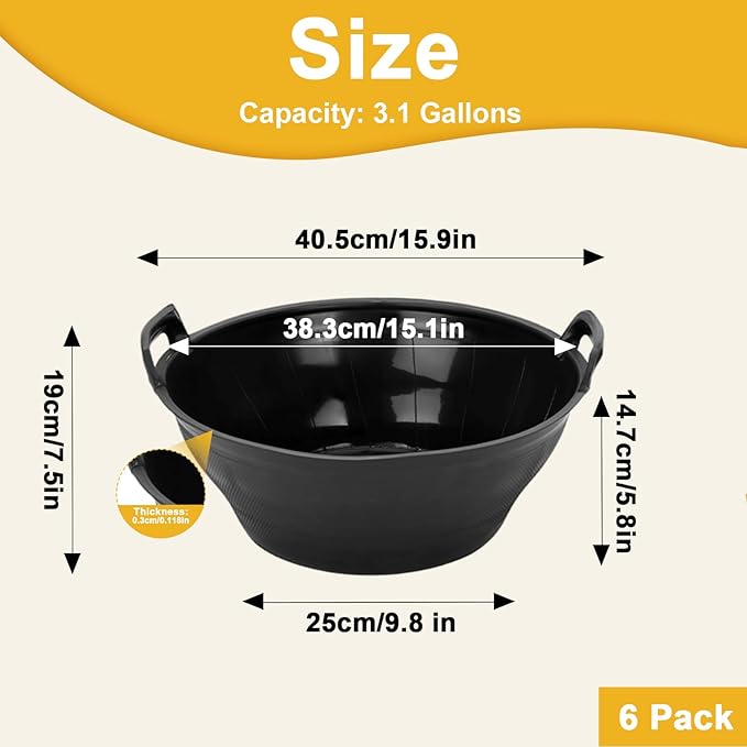 6Pcs Rubber and Plastic Feed Pan with Handle, 3 Gallon / 12 Quart Plastic Feed Pan Utility Horse Feed Bucket for Cats Dogs Goats Chicken Dust Bath Container Animal Feeding Watering Bowl