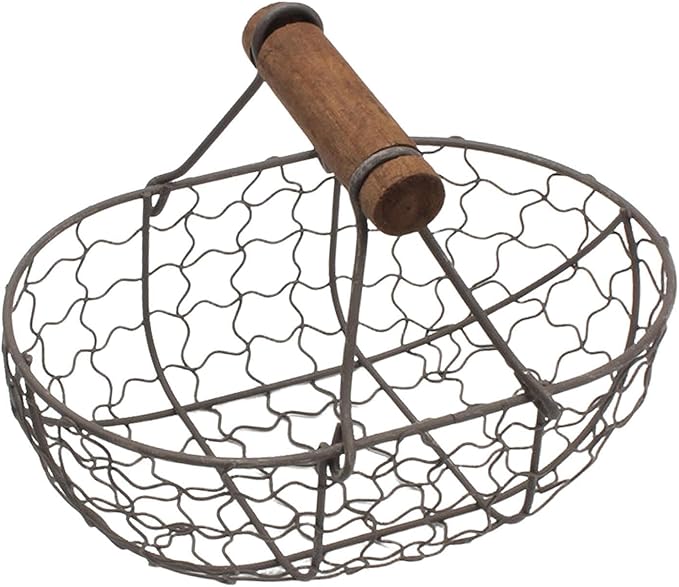 DUDOK Egg Basket, Iron+Wood Wire Egg Basket, Farmhouse Design, Black, Rectangular, Sturdy, Holds 12 Eggs, Comfortable Handle, Decorative, Kitchen, Dining Room, Living Room