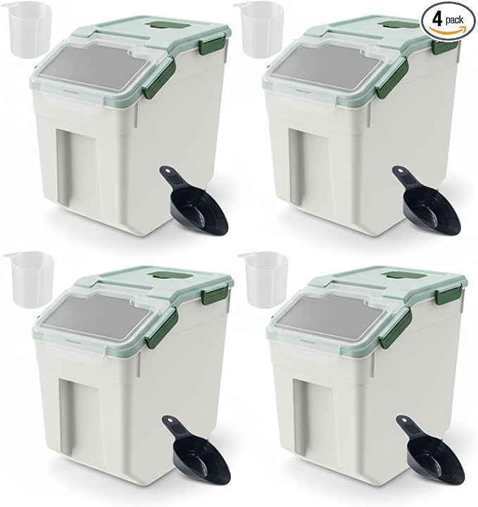 Large Flour Storage Container 25lbs, (4 Pack) BPA Free Rice Dispenser Bin with Locking Lid & Wheels, Measuring Cup, Scoop Kitchen Pantry Organizer for Flour, Rice, Grain, Cereal, Dog Food (Green)