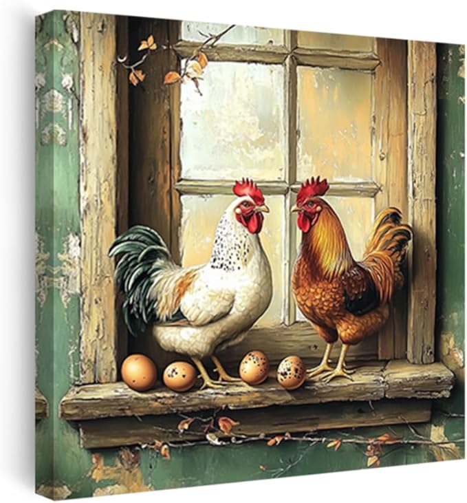 CCWORKERRY Chicken Kitchen Pictures Wall Art Rooster and Eggs Canvas Prints Farm Animals Wall Decor for Farmhouse Dining Room Decor Framed(Brown,12" x 12")