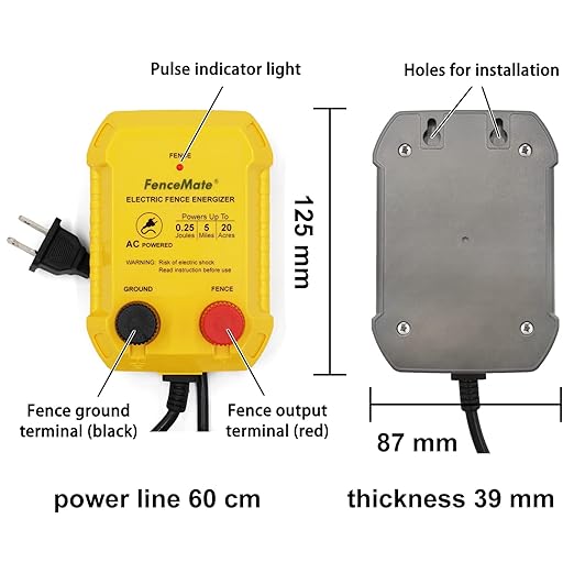 FenceMate AC Powered Electric Fence Charger Output 0.25J up to 5 Miles to Contain Small Pet, Poultry, Keep Rodent & Nuisance Animals Out, Used in Homestead, Garden, Pond, Fence Energizer up to 6 kV