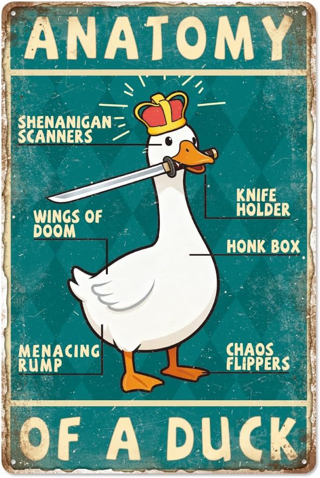 WADORN Duck Knowledge Vintage Tin Sign, 8x12 Inch Anatomy Diagram of a Duck Retro Tin Sign Funny Metal Wall Art Decor for Home Outdoor Cafe Kitchen Garage Living Room Farmhouse