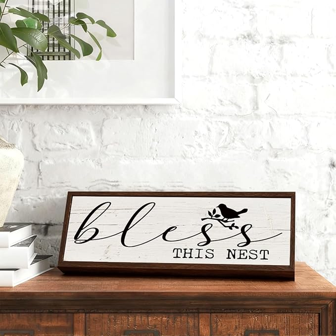 Farmhouse Home Decor, Bless This Nest Sign, Rustic Framed Wooden Block, Wall Decors Art, Front Door Porch Hallway Decors, Housewarming Gift for Christian 9.5x3.1x1 inches
