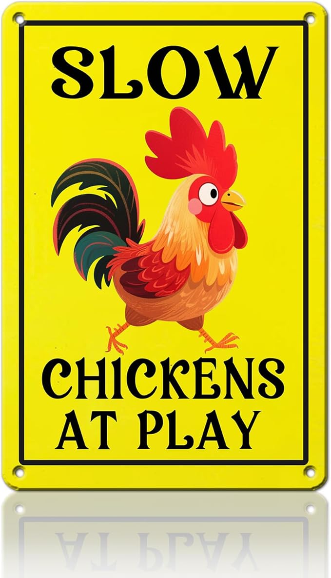 Vintage Slow Tin Sign Chickens at Play Metal Sign Funny Chicken Coop Yard Poster Home Kitchen Coffee Garden Wall Decor 12x16 Inch