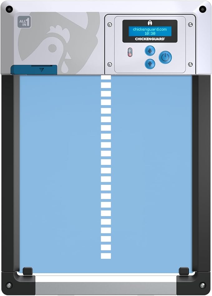 Automatic Chicken Coop Door Opener, ChickenGuard One in All 4 Colours, Timer/Light Sensing, Winter Mode, Auto-Stop & Predator Proof, 3 Power Options, Solar, Battery or Electric (Blue + Batteries)