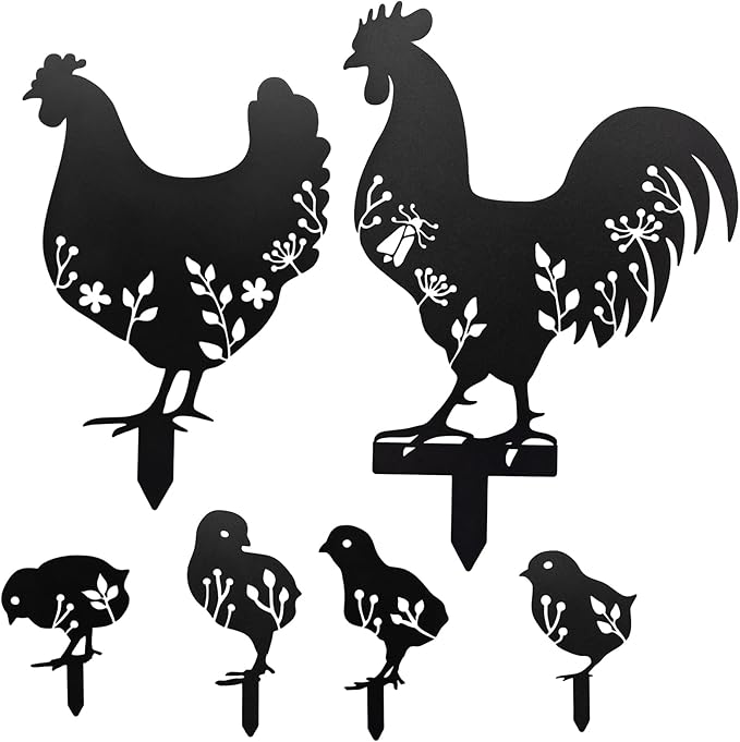 6Pcs Chicken Yard Art Garden Metal Statue Decor, Lifelike Rooster Hen Animals Stakes Outdoor Decorations, Black Hollow Out Chickens Family Silhouette Sets for Farmhouse Pathway Lawn