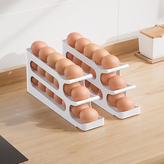 Sotfamily Egg Holder for Fridge, 3 Tiers Auto Rolling Egg Storage Organizer for Refrigerator, Slim Space Saving Container, Dispenser - Egg Roller for Eggs 18 Count