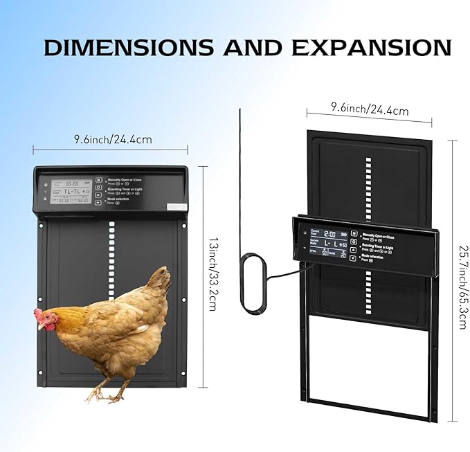 Automatic Chicken Coop Door Solar Powered, LCD Display Chicken Door with Timer & Light Sensor, Remote Control & 4 Modes, Anti-Pinch, Weatherproof