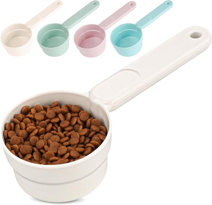 Melamine Pet Food Scoop, Cat Food Measuring Cups, Comfortable Long Handle Scoop for Dog, Cat, Ferret and Rabbit Food, 1 Cup Size Pet Food Feeding Scoop Dishwasher Safe (White