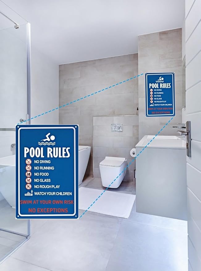 Metal Pool Safety Sign – Warning: Swim at Your Own Risk, No Diving, No Running – Weatherproof Outdoor Sign for Home Pools, Resorts, Beaches, and Water Parks – 8x12 Inches