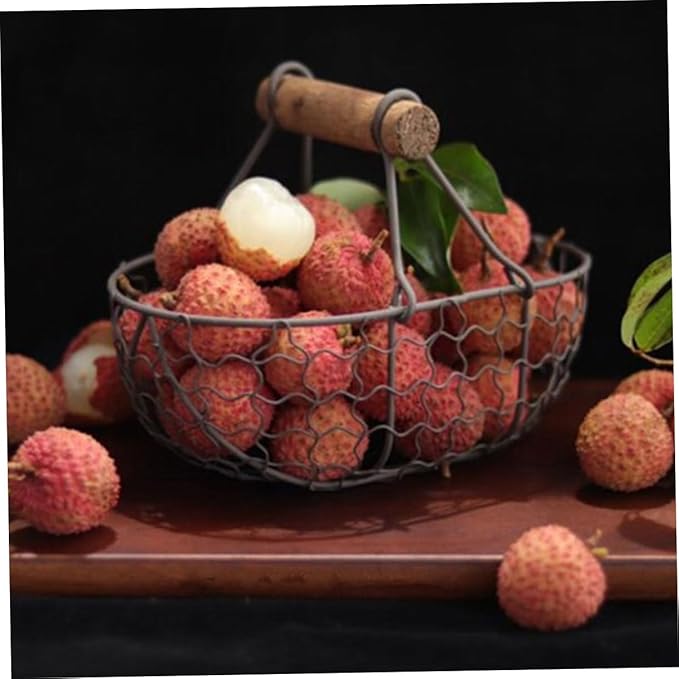 2pcs Wire Egg and Bread Basket with Wooden Handle, Farmhouse Style Multi-function Fruit Storage Container for Kitchen Countertop and Pantry Organization