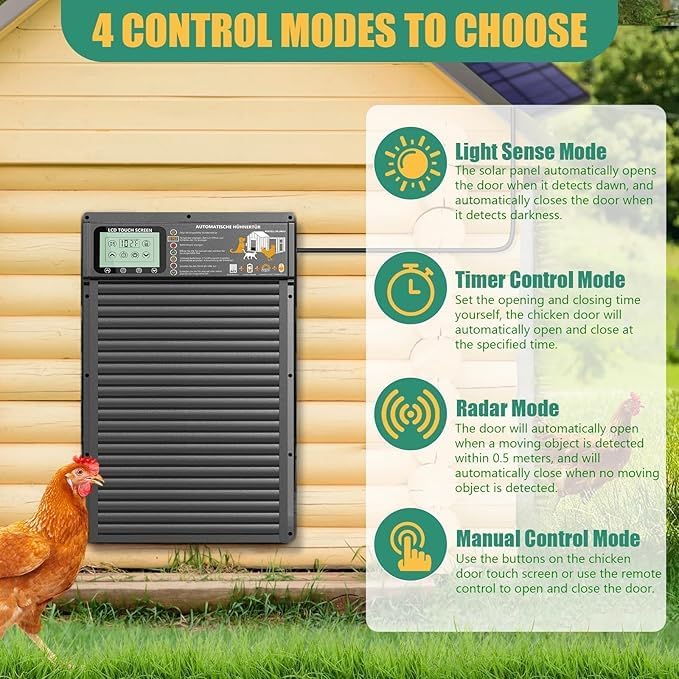 Automatic Chicken Coop Door Opener, Space-Saving Roll-up Design, 11.8" x 18.9" Aluminum Alloy Poultry Door for Ducks Geese, Solar Panel with Built-in 6000mAh Battery, Support USB-A Power