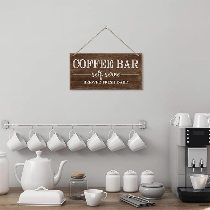 Coffee Bar Self Serve Brewed Fresh Daily Hanging Decor Sign, Funny Coffee Bar Decorative Sign, Vintage Kitchen Decor, Retro Wood Grain Hanging Decors 12 x 6 Inches