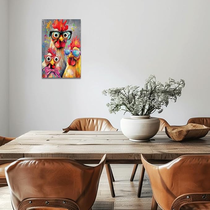 ZQQART Rooster Canvas Wall Art Funny Chicken Portrait Picture Prints Rustic Animal Painting Artwork Farmhouse Kitchen Decor Framed(Yellow,16.00" x 24.00")