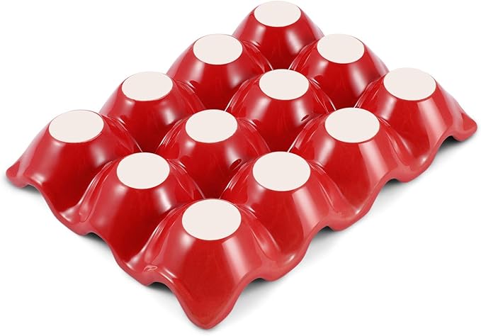 Flexzion Ceramic Egg Holder for Fridge - 12 Cups Egg Tray Whole Dozen Porcelain Container Keeper Storage Organizer Decorative Serving Stand Serveware for Countertop Display Kitchen (Red)