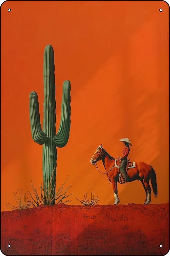 Cowgirl Minimalist Boho Western Illustration, Vintage Southwestern Boho Art, Cowboy Wall, Terracotta Sunset, Retro Cowboy Cowgirl Art - 8 x 12 inches Vintage Metal Sign