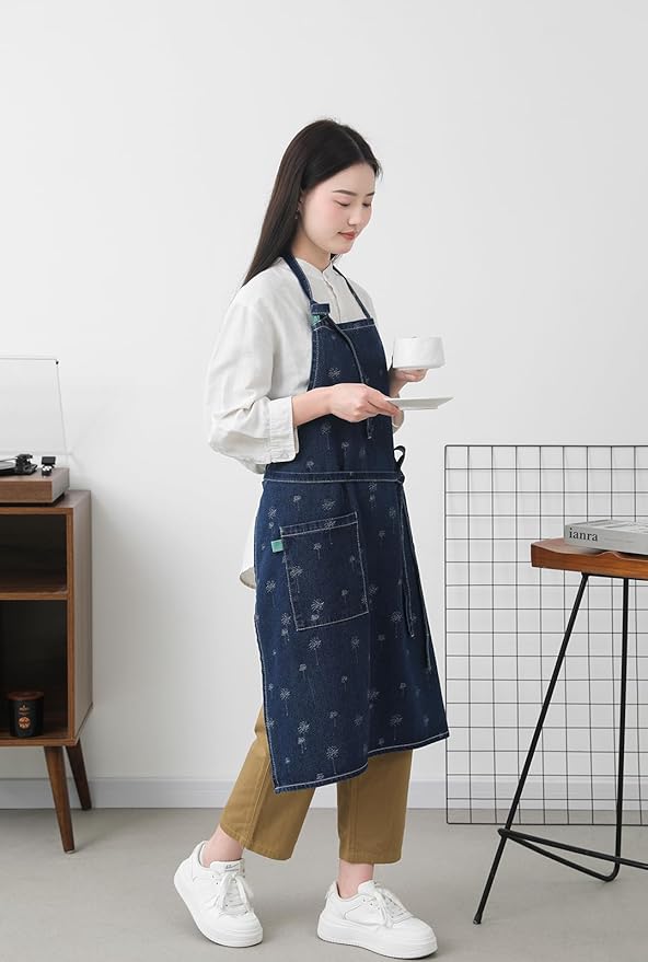 Cotton Denim Apron Soft - Unisex Adjustable Bib Apron with 5-Pockets Perfect for Kitchens