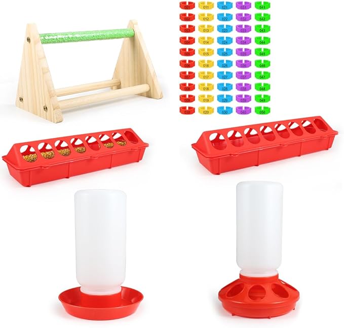 6PCS Chick Feeder and Waterer Set with Perch, 2 Feeders & 50 Chicken Leg Bands, Poultry Starter Kit for Baby Chicks, Ducks, Quail (0.3 Gal Waterer, 2.2Lb Feeder)